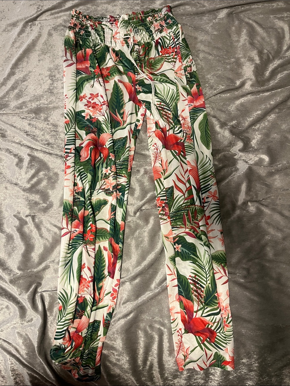 Tropical Floral Drawstring Joggers in White, Green & Red